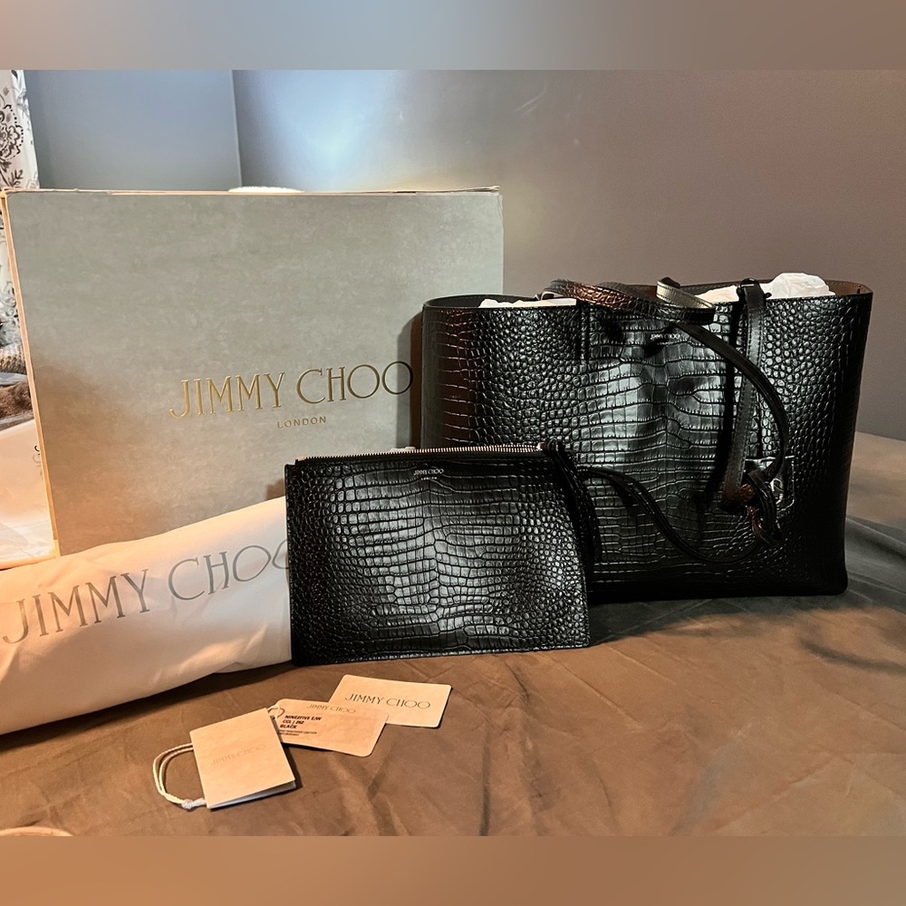 Jimmy Choo Black Croc-Embossed Leather Large Tote with Charm - Picture 3 of 12